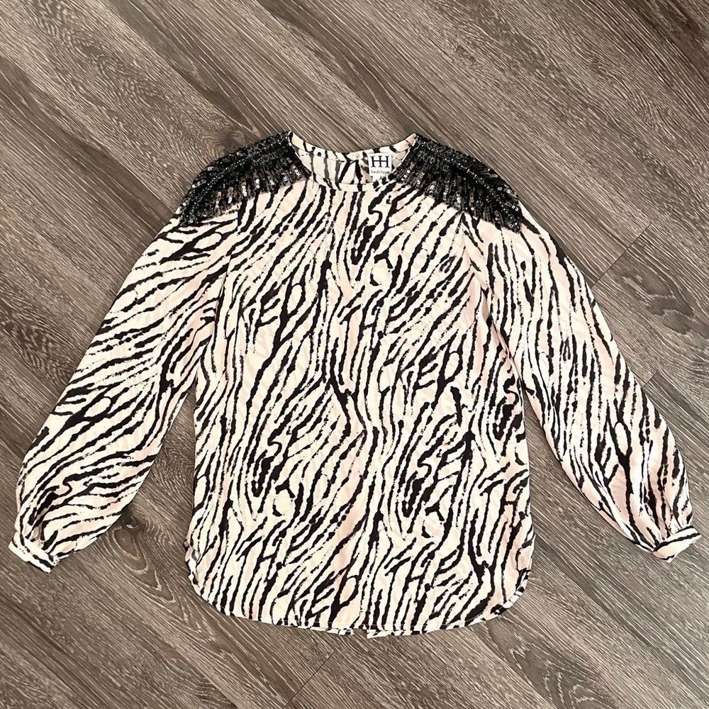 Haute Hippie Long-Sleeve Embellished Blouse Buff/Black NWOT